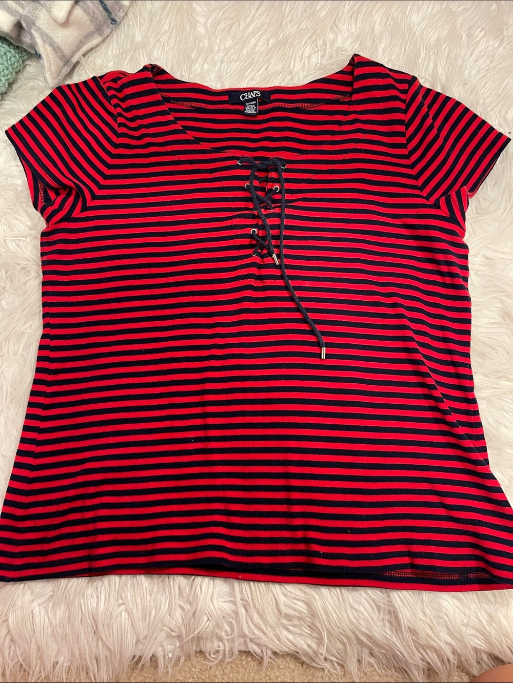 Chaps Red and Black Striped Lace-Up Short Sleeve Tee